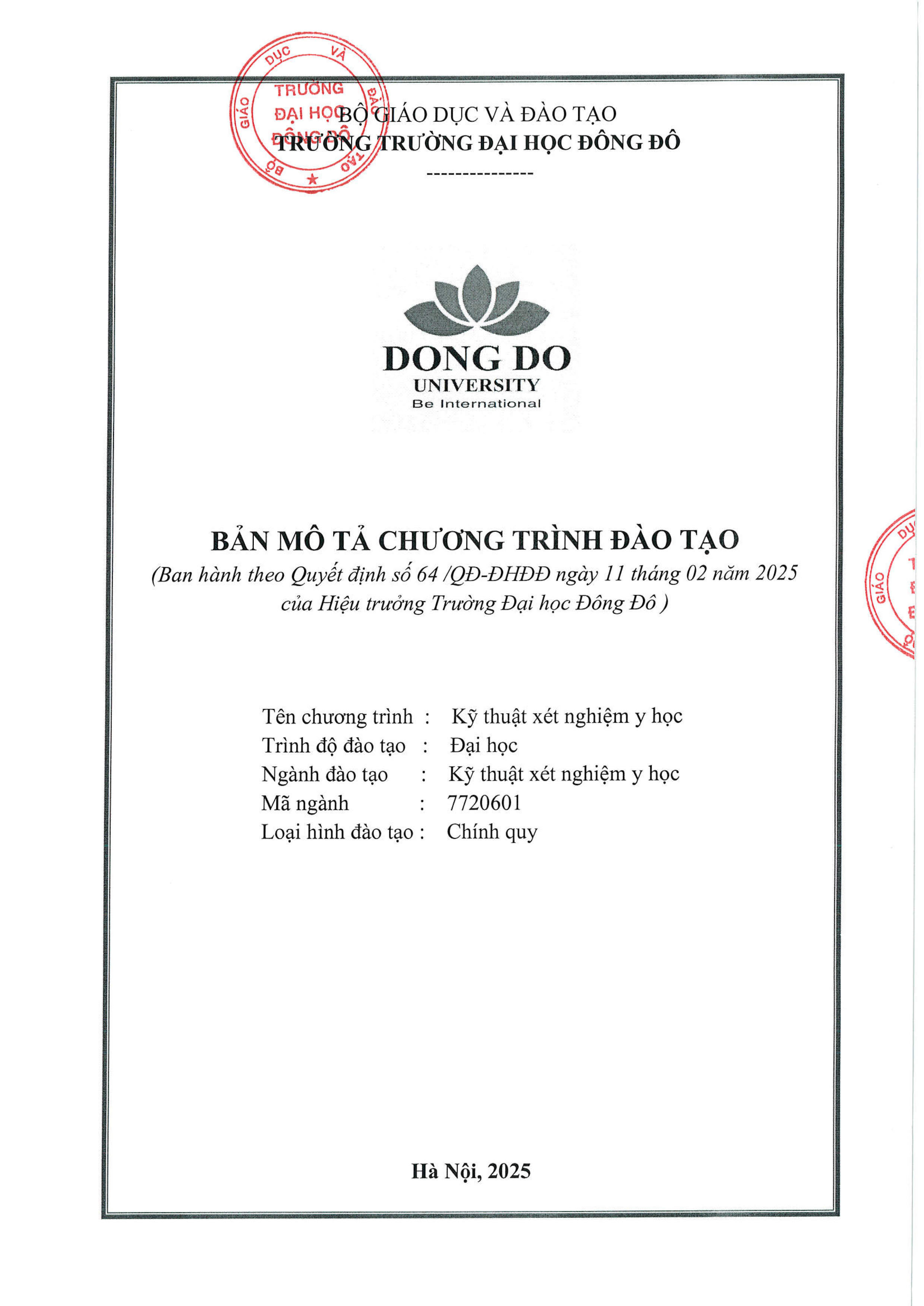 Bản mô tả chương trình đào tạo ngành Kỹ thuật xét nghiệm y học